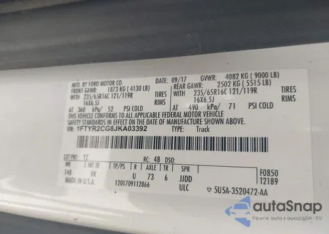 2018 Ford Transit-250 z USA, uszkodzony, nr VIN 1FTYR2CG8JKA03392